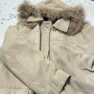 Cream Suede Teddy Jacket with Detachable Fur Trim Hood and Zipper